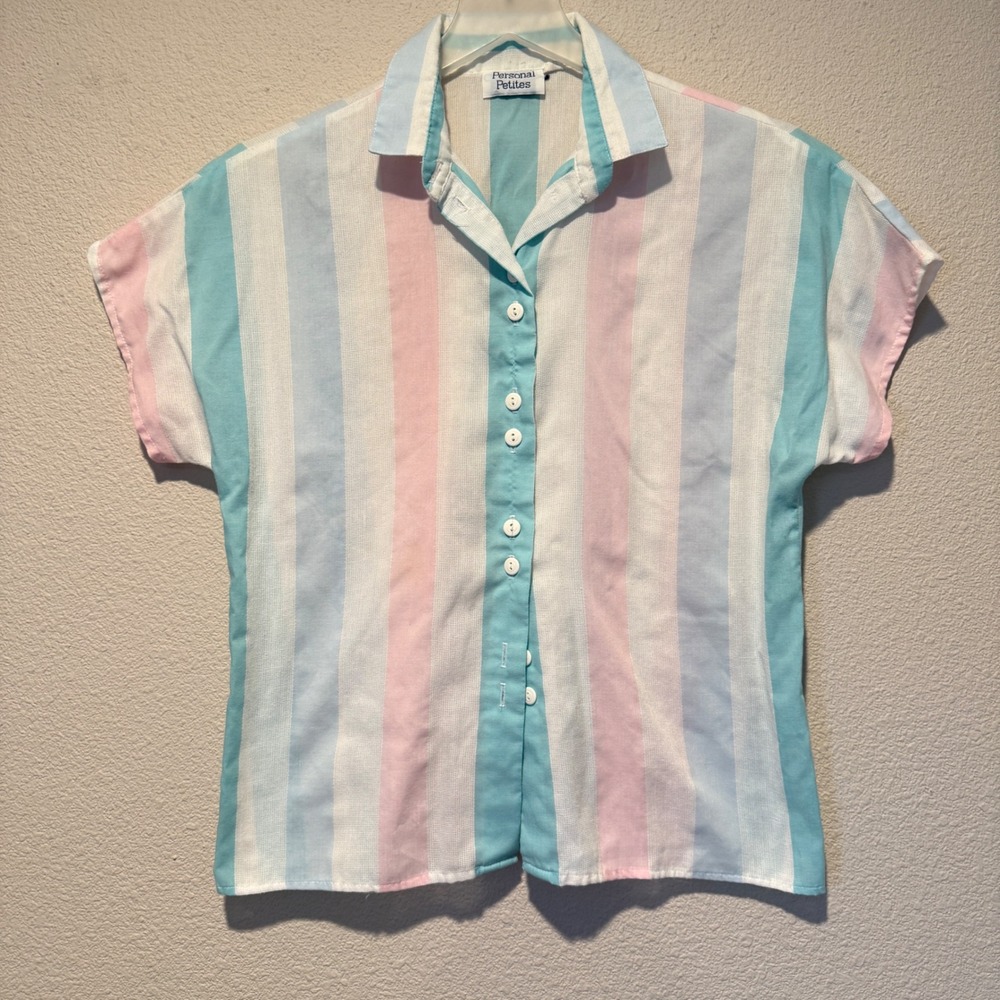 Personal Petites Vintage Pastel Striped Button Up Short Sleeve Blouse Pink Blue